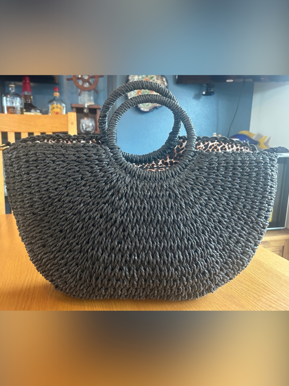 Black Woven Round-Handle Tote w/Leopard Accent Interior - K Carroll Accessories